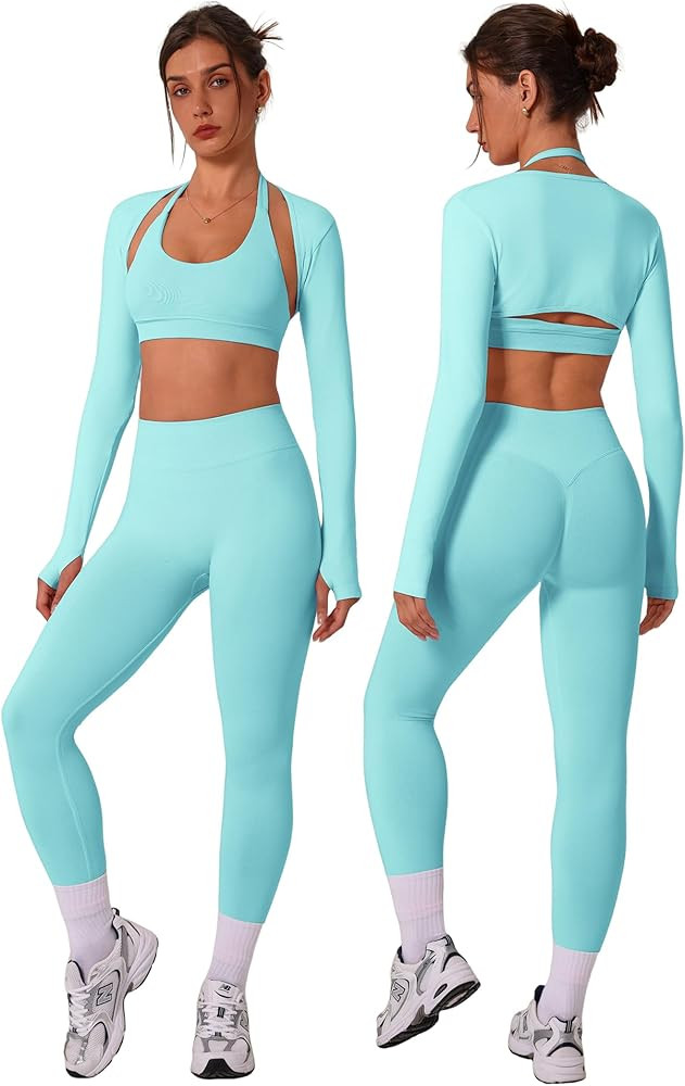 3 Piece Workout Sets for Women Seamless Halter Sports Bra High Waist Leggings Long Sleeve Shrug G... | Amazon (US)