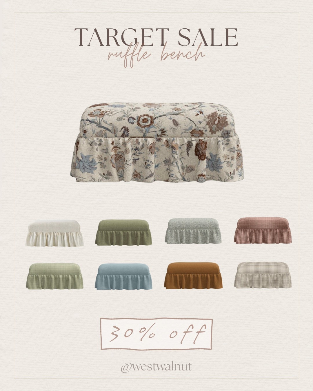 @Target is having a sale right now on some of my favorite furniture pieces they have! I've linked tons of pieces for 30%!

Ruffle Skirt Bench - Threshold™ designed with Studio McGee. It comes in 11 beautiful cotton upholstery finishes and a wood frame. I love the ruffle detailing, which really gives it a cozy cottage touch!

#accentchair #affordablefurniture #moderndecor #modernhome #budgetfriendlydecor #cozyhome

#LTKHome
