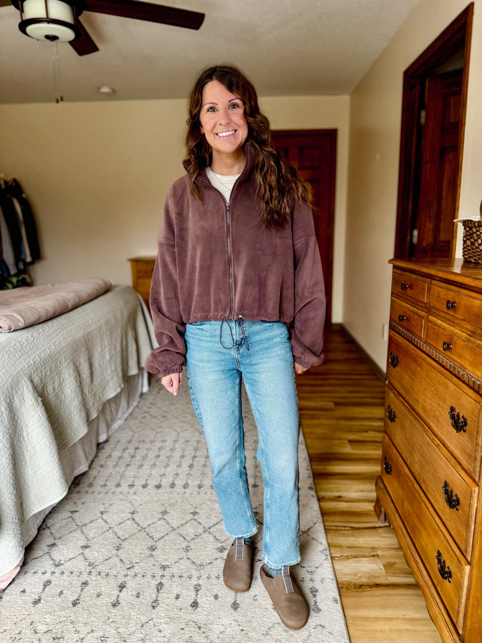 Wearing small in my tee, small in my fleece jacket, and 00 short in my jeans. My clogs fit true to size 

#LTKPetite #LTKFindsUnder50 #LTKgrwm