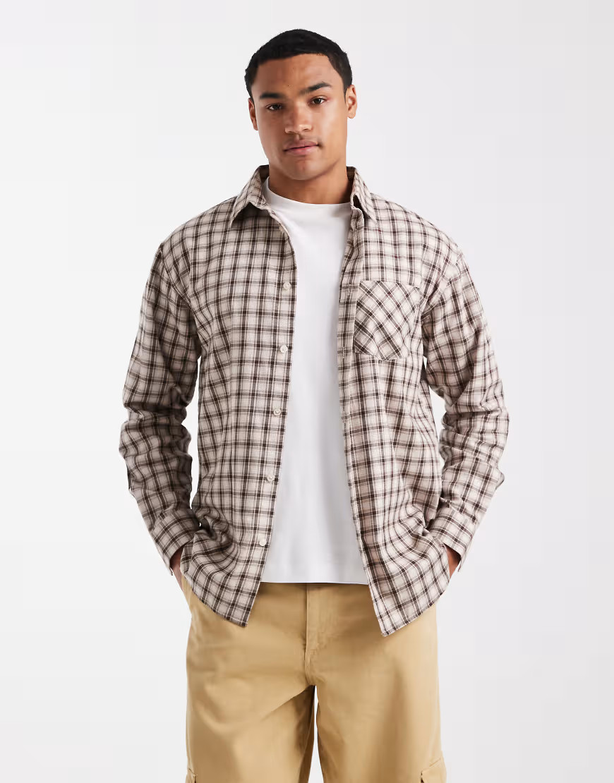Threadbare long sleeve button down check shirt in brown and cream | ASOS (Global)