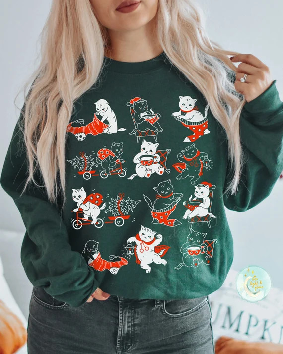 Cat Christmas Sweater Cat Shirts Vintage Kittens Cute Ugly Christmas Sweatshirt Retro Holiday Gif... | Etsy (US)