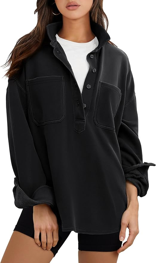 ANRABESS Sweatshirt for Women Oversized Casual Long Sleeve Side Slit Button Lapel Polo Pullover T... | Amazon (US)
