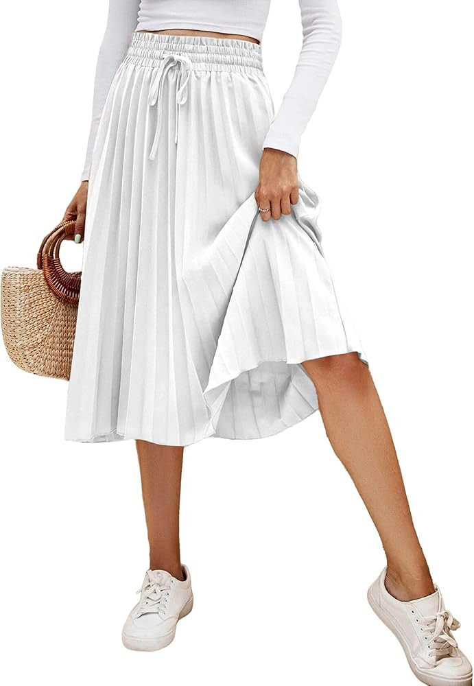 SOFIA'S CHOICE Women's Pleated Midi Skirt High Elastic Waisted Drawstring A Line Skirt | Amazon (US)