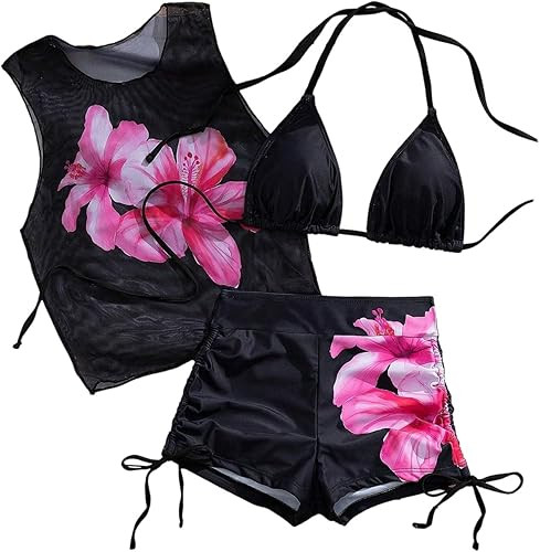 GORGLITTER Women's 3 Piece Swimsuits Triangle Halter String Bikini Top Bathing Suit with Shorts | Amazon (US)