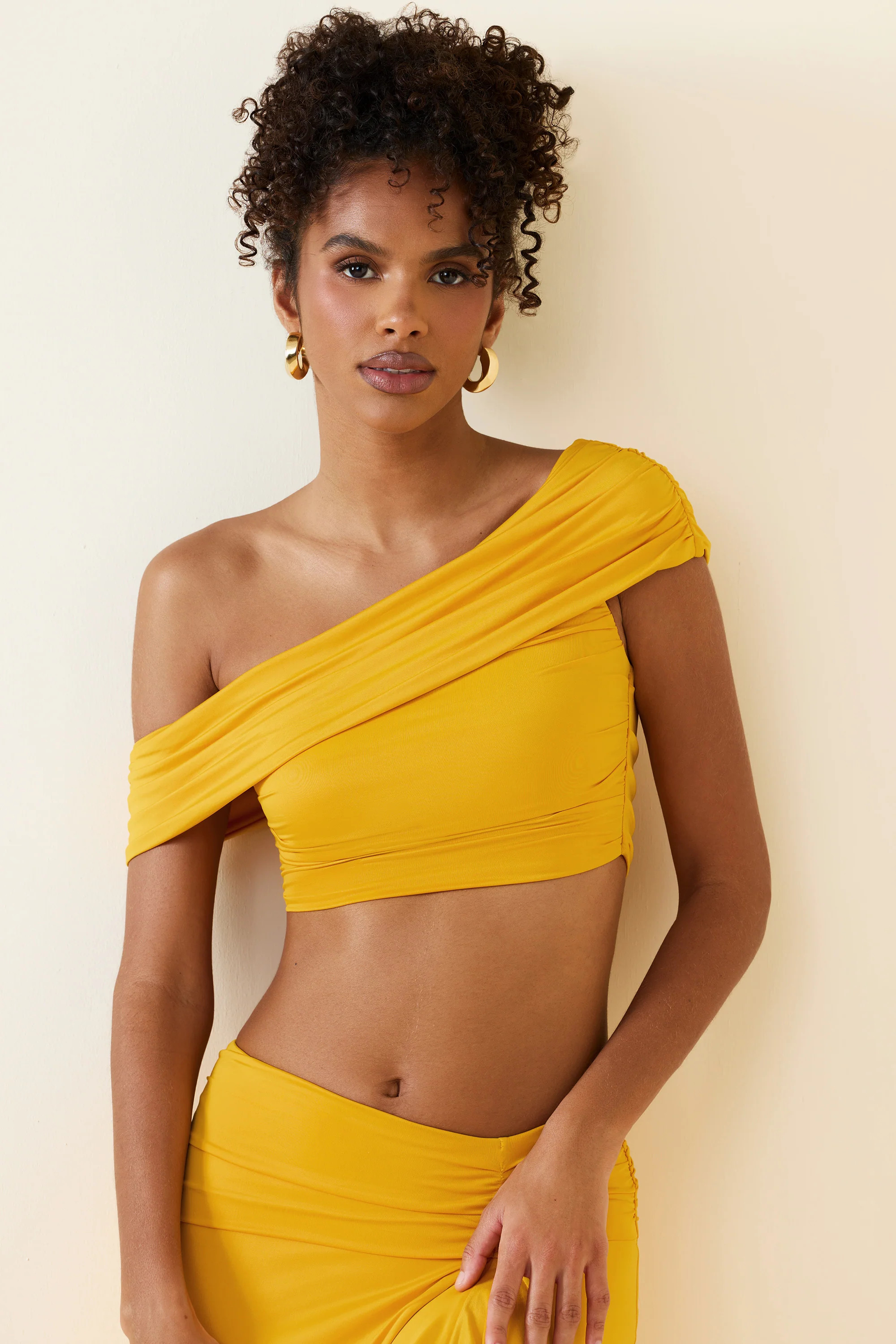 Asymmetric Ruched Off-Shoulder Crop Top in Golden Yellow | Oh Polly