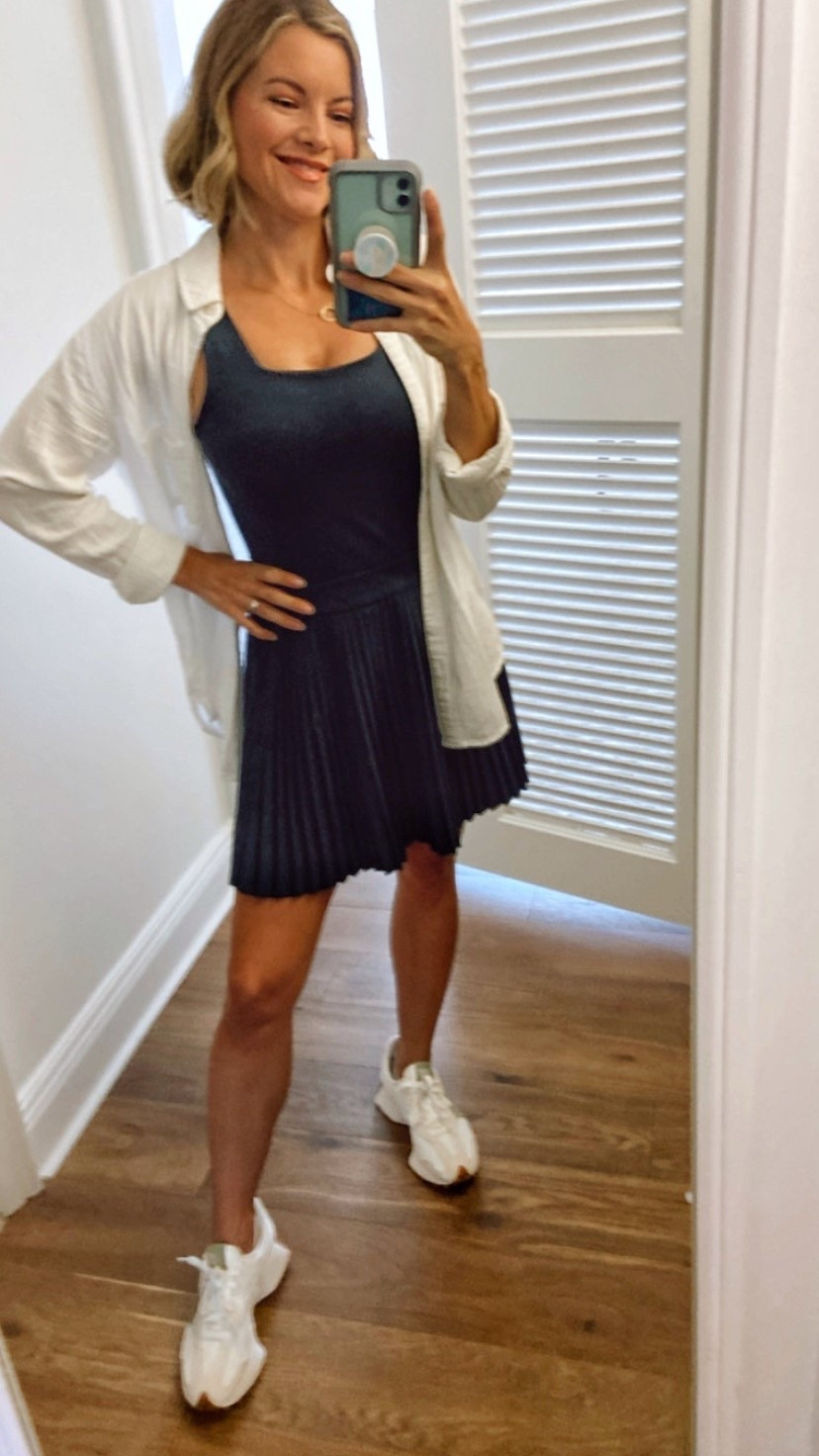 Pleated skirt active dress in navy, with attached shorts and built-in bra

#LTKOver40 #LTKPetite