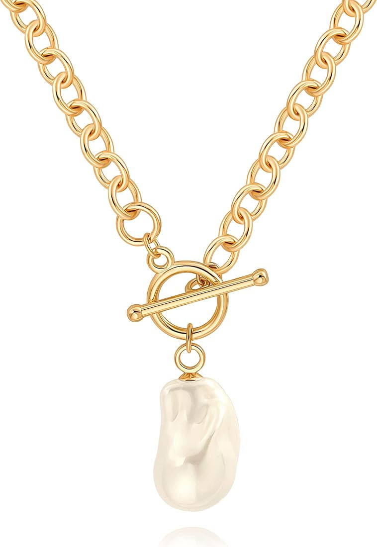 18k Gold Chain Link Necklace for Women, Baroque Pearl/Compass Pendant Necklace | Amazon (US)