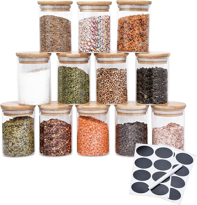 12 pcs Spice Jars | Glass Jar Bamboo Lids Food Storage Containers 7oz Glass Jar | Includes Pen an... | Amazon (US)