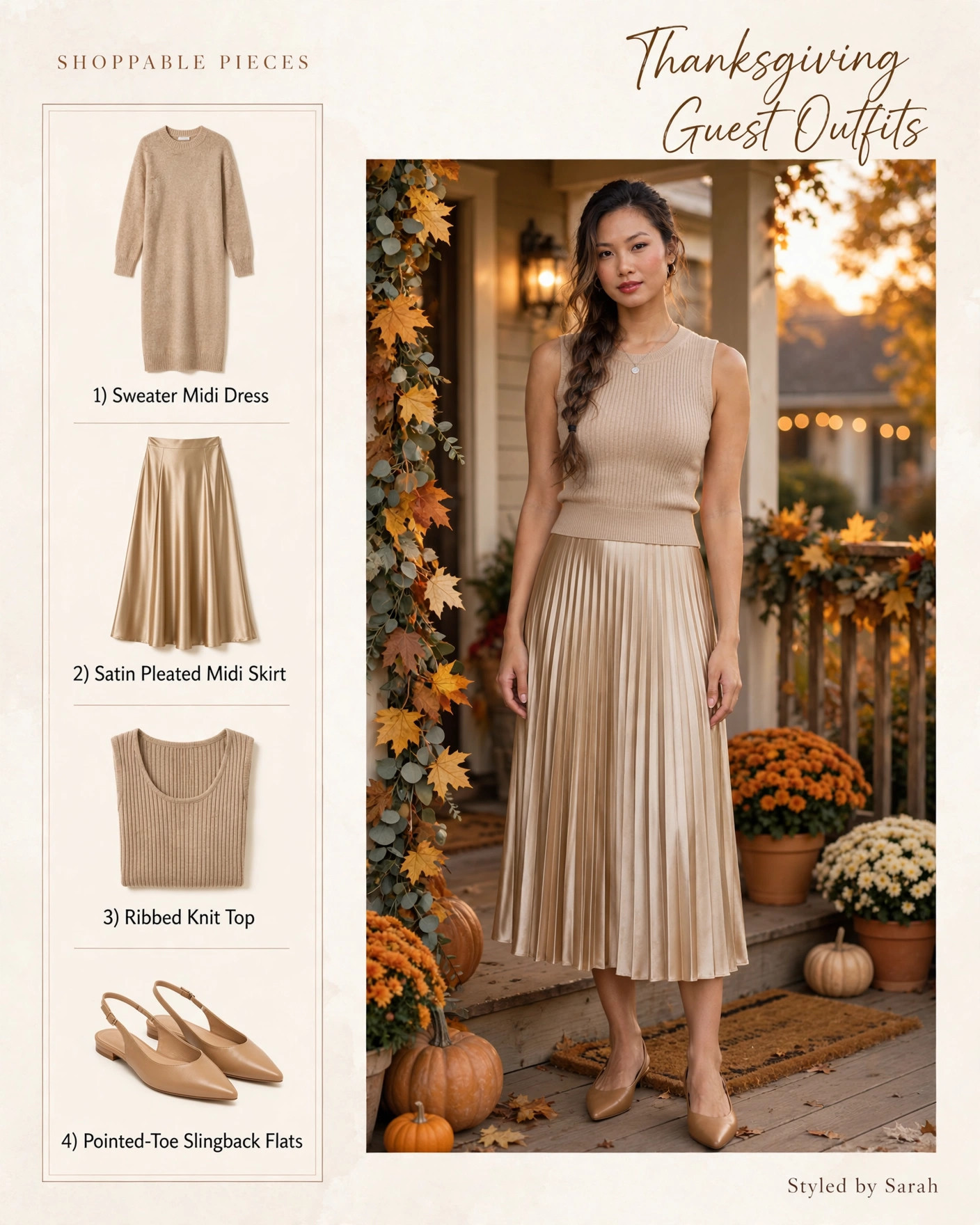 Thanksgiving Outfits 🦃 Festive looks for the holiday — sweater midi dress, satin pleated skirt, ribbed knit top, and slingback flats. #LTKSeasonal #thanksgivingoutfit #holidayoutfits
