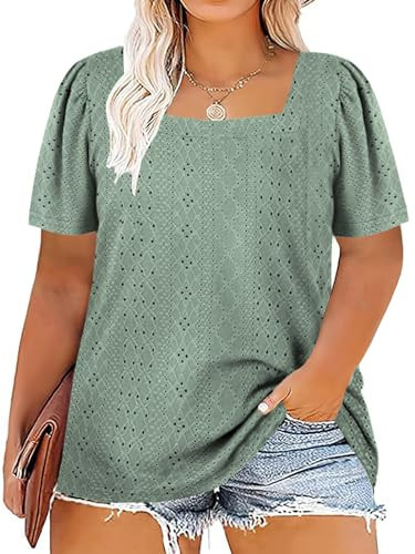 Womens Plus Size Tops Summer Square Neck Solid Color Puff Sleeve Green 2XL Shirts | Amazon (US)