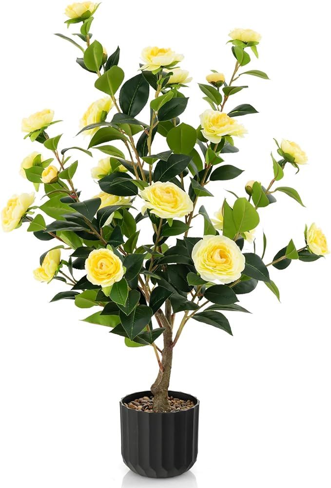 Fake Camellia Plant, 38” Tall Potted Plant Artificial Decoration w/Cement Pot, 24 Flowers, Deco... | Amazon (US)