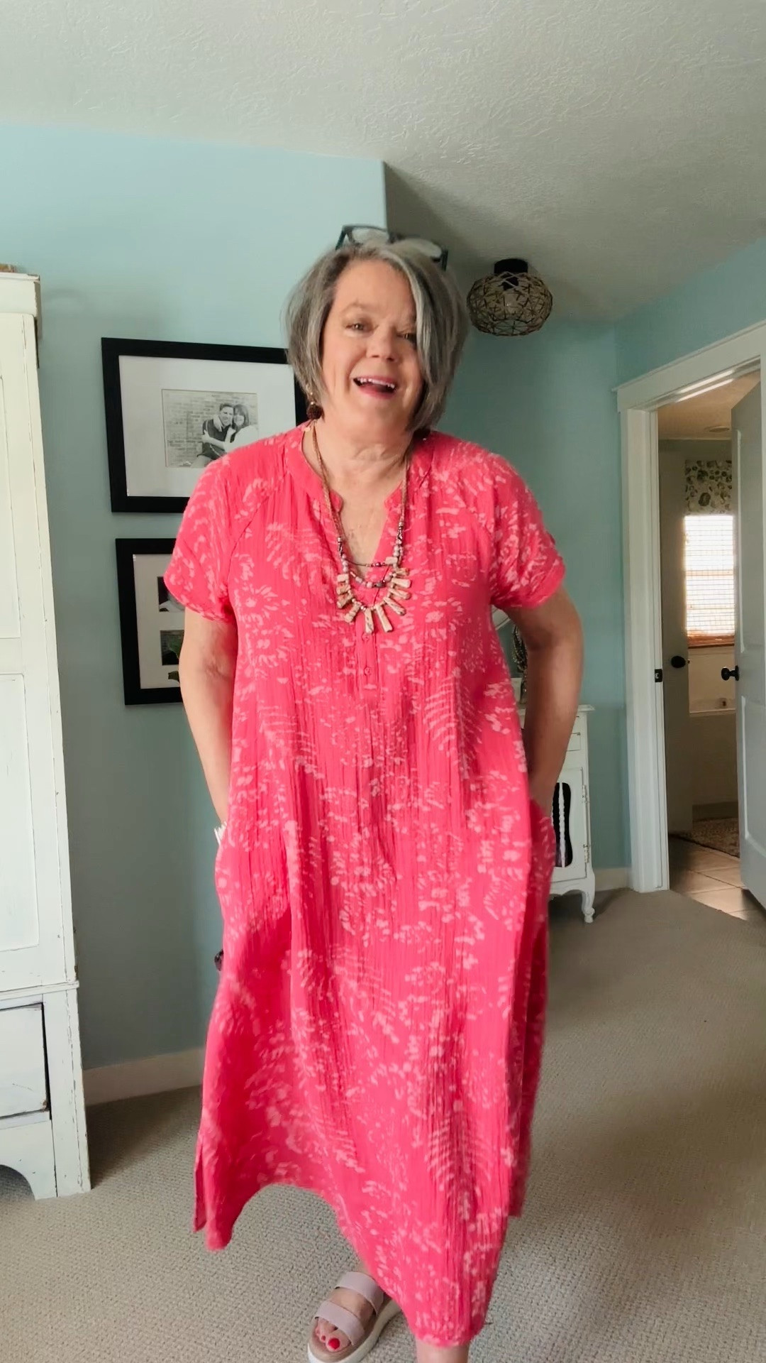 Super cute 100% cotton dress in batik pattern. It comes in 4 colors! I am wearing dusty rose. 
Artful ease for hot summer days. Light and airy in double gauze, this roomy caftan dress features a casual A-line silhouette, partial button placket and side-seam pockets. Slipover style with deeply side-slit curved hem, raglan short sleeves.
#summercaftan #ad 


#LTKMidsize #LTKMothersDay