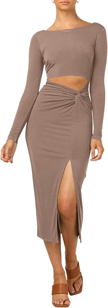 LYANER Women's Scoop Neck Cut Out Long Sleeve Split Hem Bodycon Midi Dress | Amazon (US)