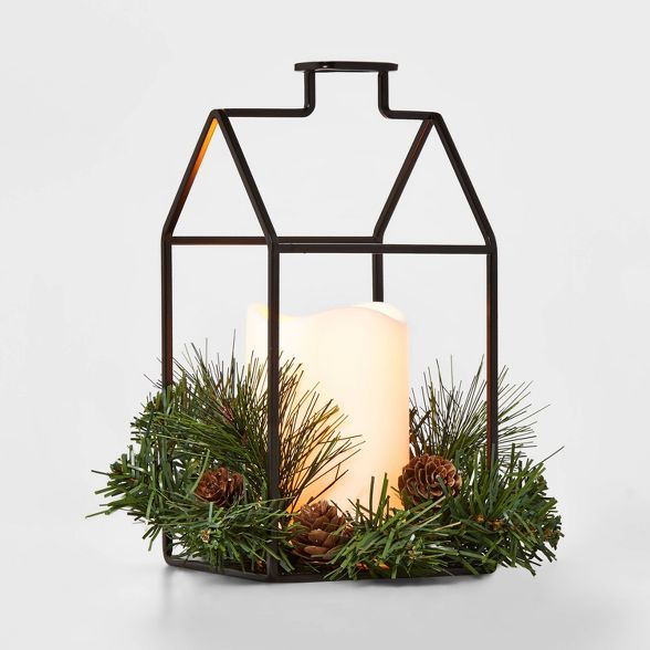 LIT Candle Lantern Black Small House with Greenery Decorative Figurine - Wondershop™ | Target