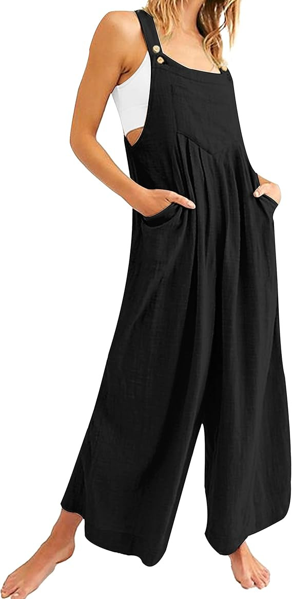 Bienmorn Women's Casual Loose Wide Leg Jumpsuit Flowy Pleated Sleeveless Adjustable Strap Cotton ... | Amazon (US)