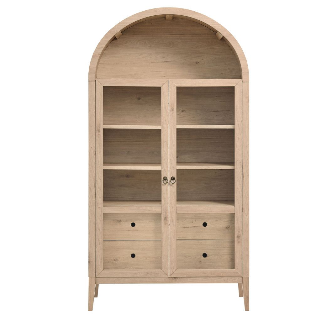 Nolan 74 Inch Tall Wide Arched Storage Display Cabinet In Light Oak | 1stopbedrooms