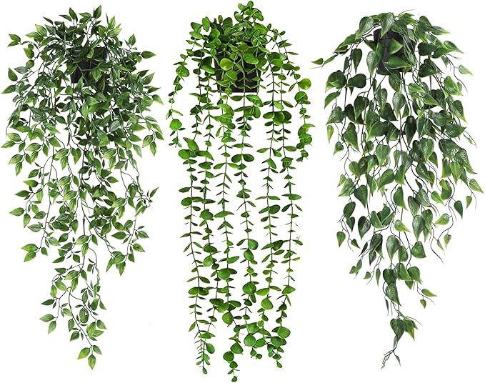 JPSOR 3pcs Fake Hanging Plants, Artificial Hanging Plants Kit, Potted Greenery Faux Eucalyptus Vi... | Amazon (US)