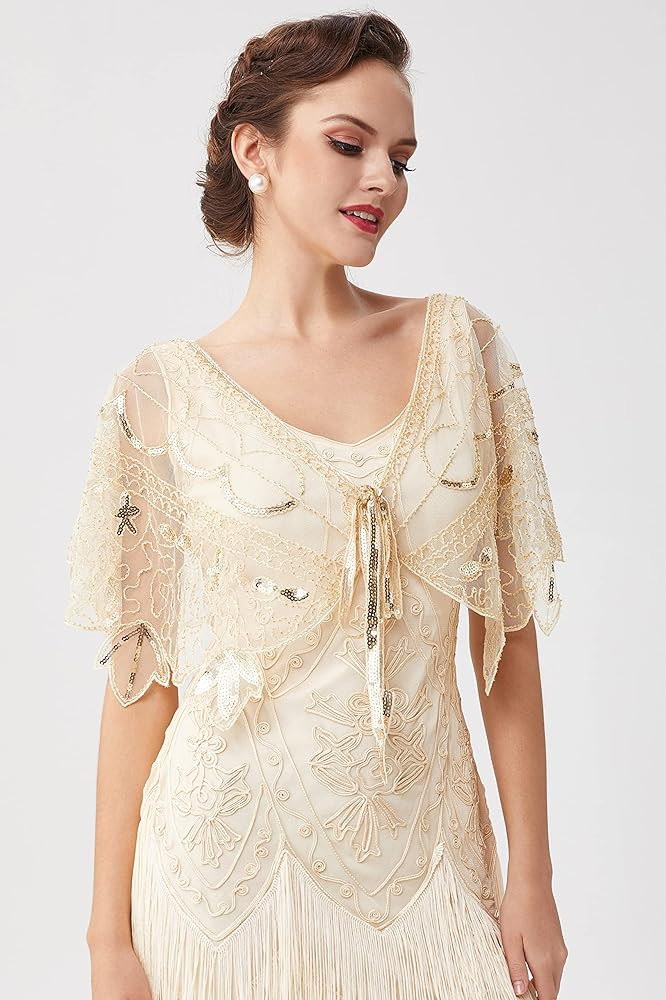 BABEYOND 1920s Shawl Wraps Sequin Beaded Evening Cape Bridal Shawl Bolero Flapper Cover Up | Amazon (US)