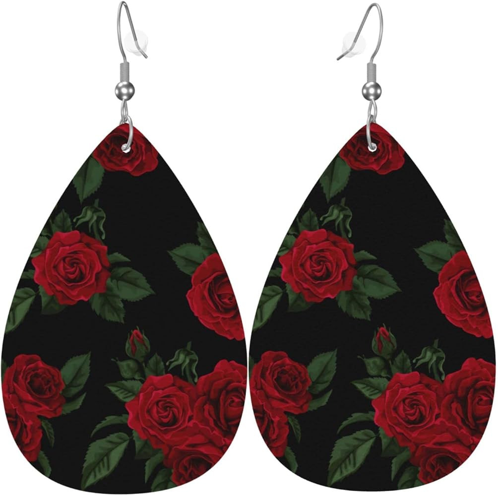 Vintage Red Rose Black Faux Leather Teardrop Earrings for Women Drop Dangle Earrings | Amazon (US)