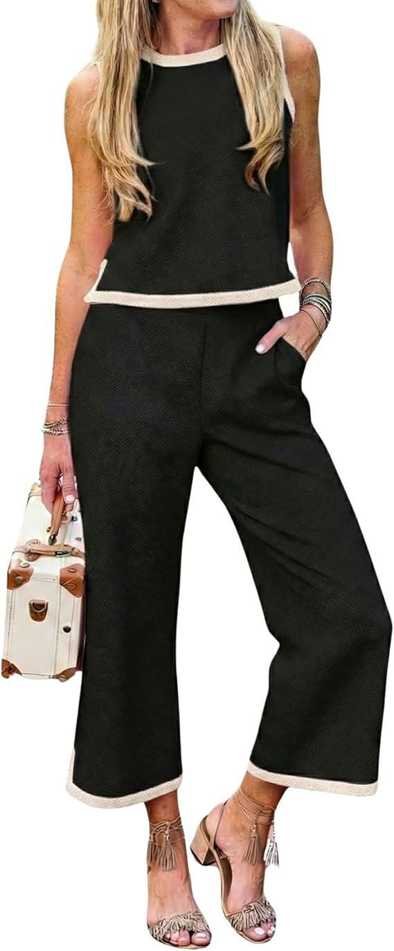 Hooever Two Piece Sets for Women Color Block Cami Top Wide Leg Pants Set Summer Travel Vacation O... | Amazon (US)