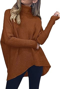 ANRABESS Womens Turtleneck Long Batwing Sleeve Asymmetric Hem Casual Pullover Sweater Knit Tops | Amazon (US)