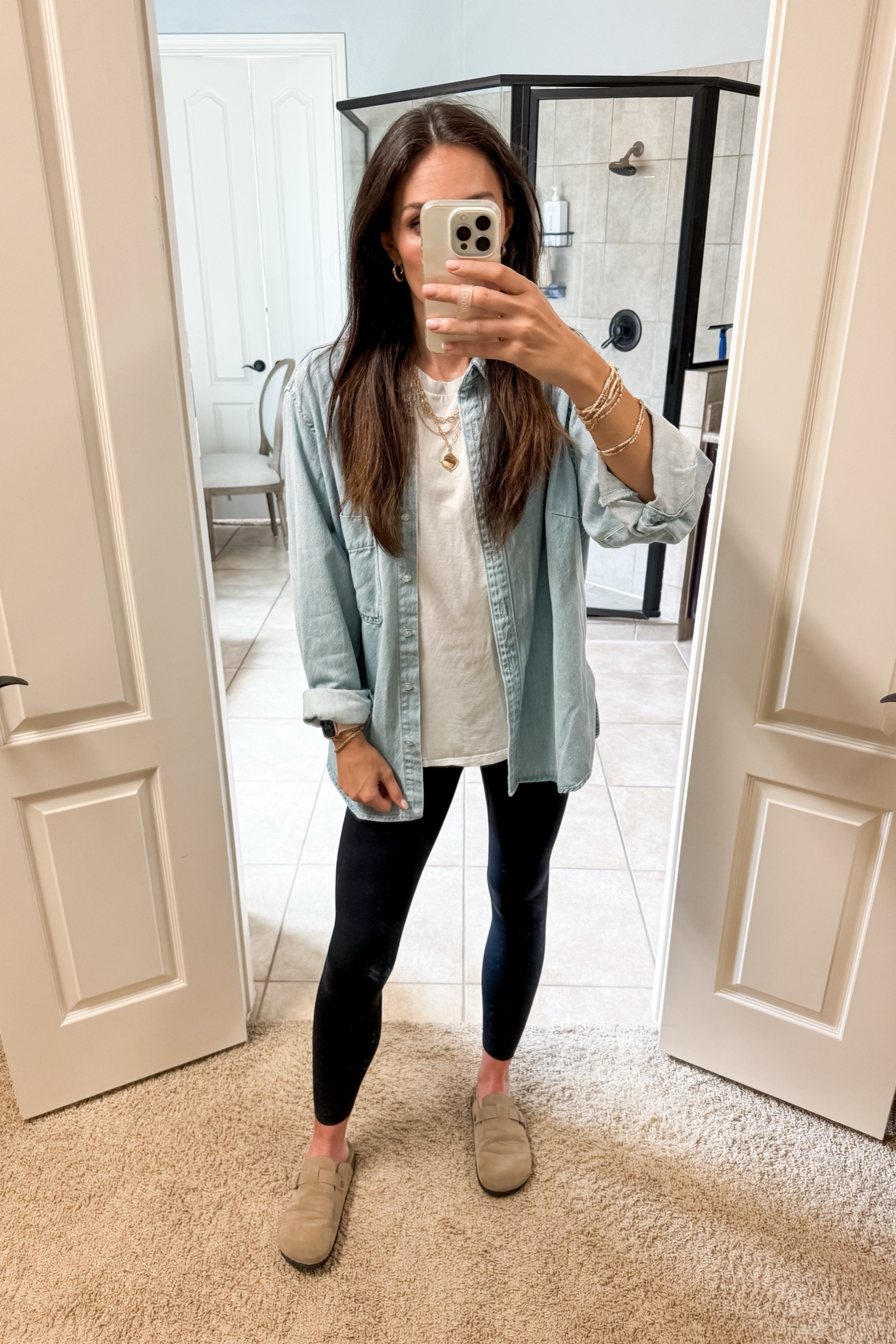Wearing an XXL in the chambray top so it’s long enough for leggings. Leggings feel more expensive than they are. Simple cute spring mom outfit, spring outfit, spring style, women’s leggings 

#LTKFindsUnder50 #LTKFamily #LTKSeasonal