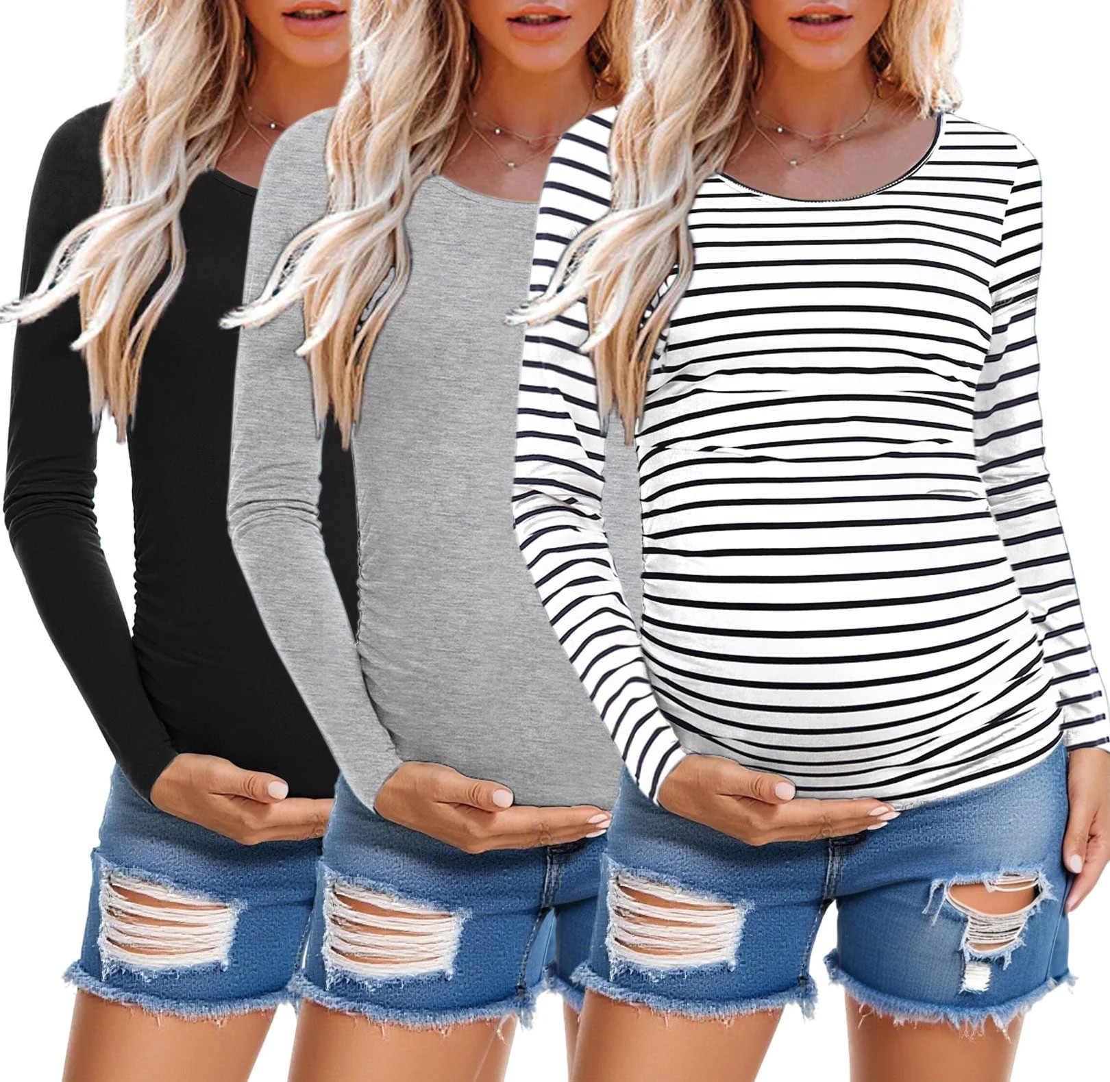 Smallshow Long Sleeve Pregnancy Shirts Tops Maternity Clothes for Women 3-Pack | Walmart (US)