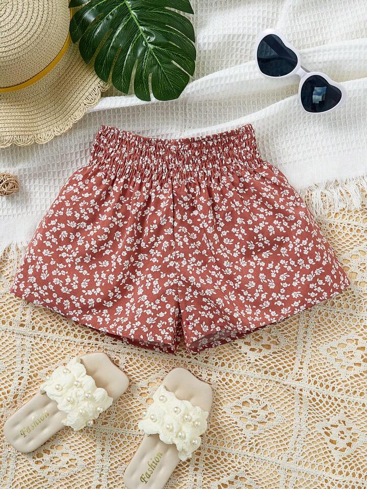 SHEIN Kids SUNSHNE Young Girl Ditsy Floral Print Shirred Waist Shorts | SHEIN
