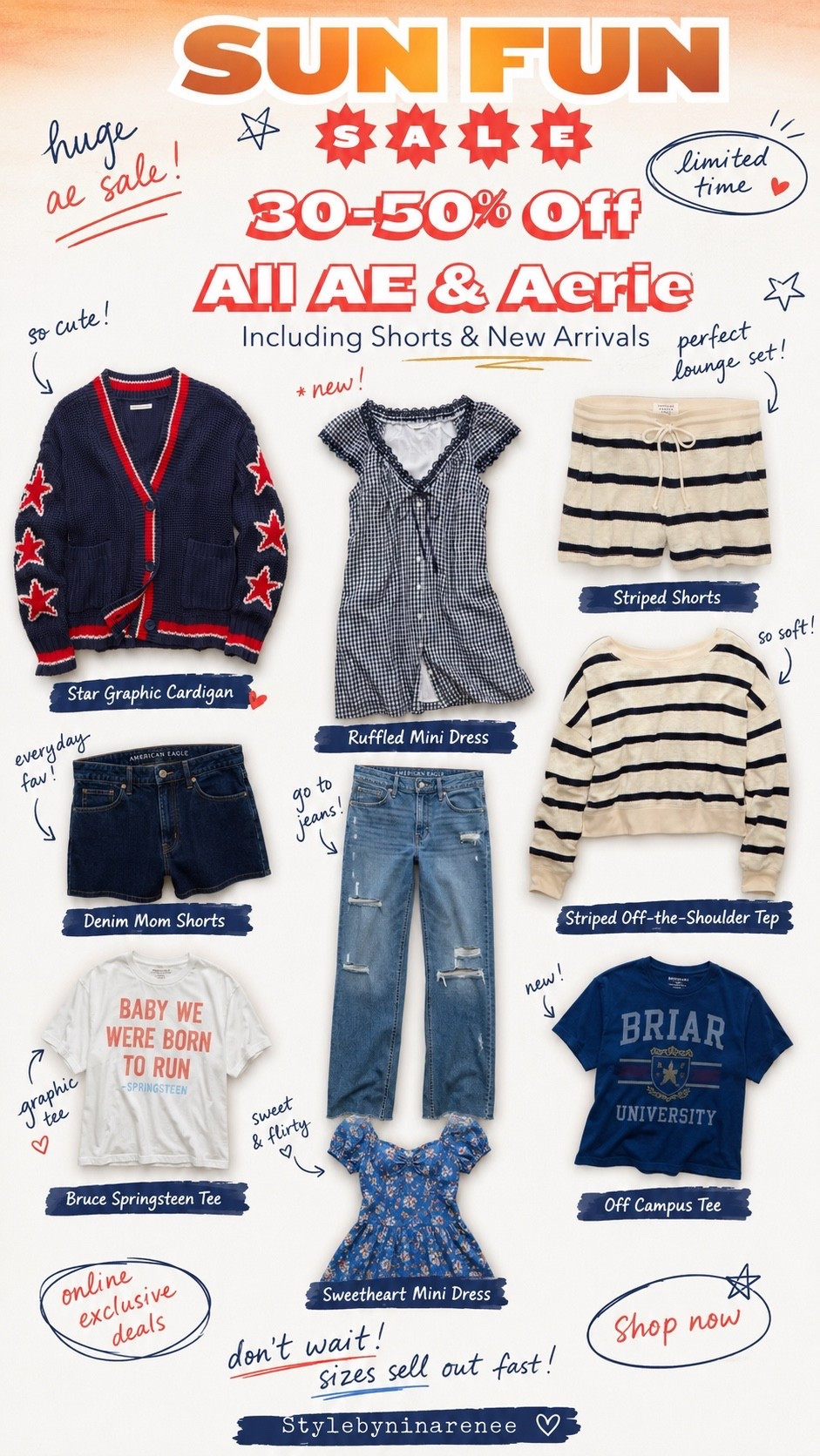 Scroll to shop the AE sale before the good stuff is gone 👏🏼

The sweaters, striped sets, denim & graphic tees are SO good right now and a ton of it is already selling out in sizes 🥲

30-50% off AE & Aerie including new arrivals + summer pieces ☀️🤍

Which piece are you grabbing first?? 👀

#LTKsale #LTKstyle #AmericanEagle #Aerie #SummerStyle #AffordableFashion #LTKunder100 #MomStyle #CasualChic

#LTKootd #LTKSaleAlert