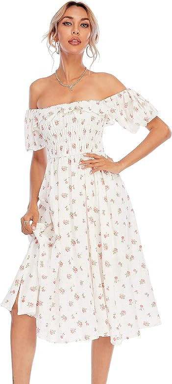 Amazon.com: R.Vivimos Womens Summer Floral Print Puff Sleeves Vintage Ruffles Midi Dress (XL, Pin... | Amazon (US)