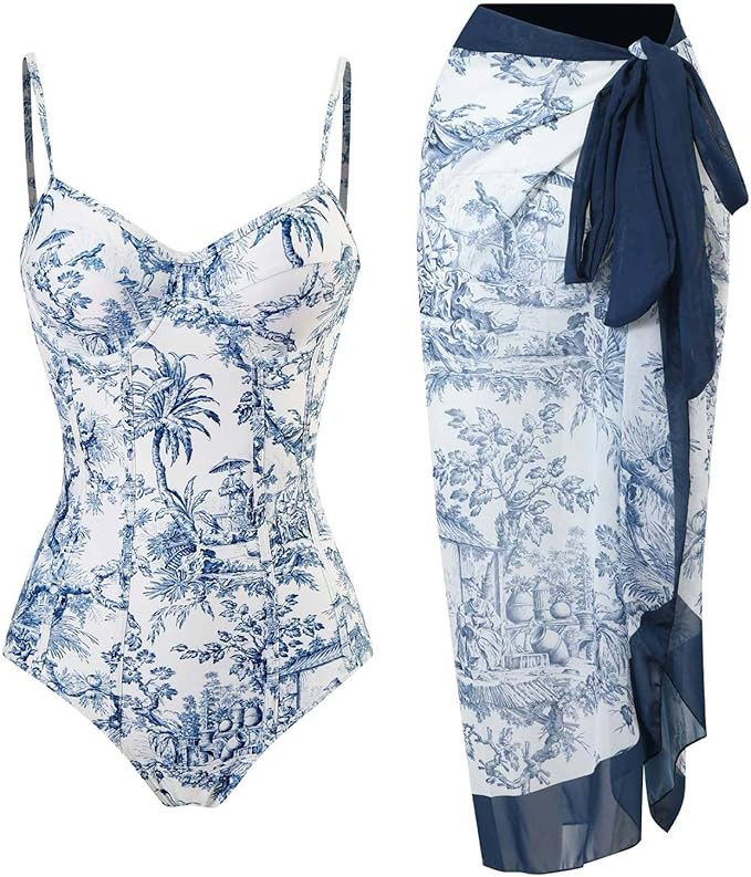 YUNAR Women Retro Deep Plunging One Piece Monokini Swimwear with Sarong 2 pcs Set | Amazon (US)