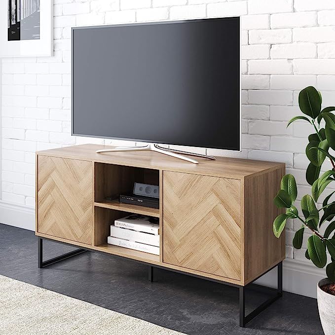 Nathan James Dylan Media Console Cabinet or TV Stand with Doors for Hidden Storage in a Natural R... | Amazon (US)