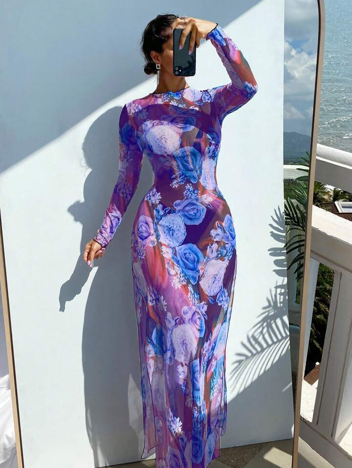 SHEIN Swim Vcay Long Sleeve Floral Sheer Mesh Cover Up Dress | SHEIN