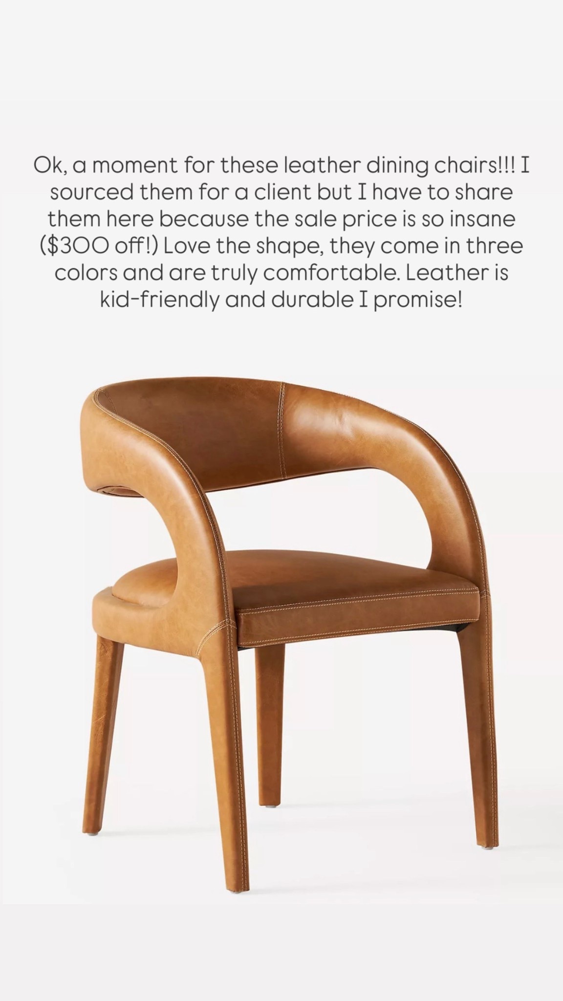 Ok, a moment for these leather dining chairs!!! I sourced them for a client but I have to share them here because the sale price is so insane ($300 off!) Love the shape, they come in three colors and are truly comfortable. Leather is kid-friendly and durable I promise! 

#LTKselfcare #LTKHome #LTKSaleAlert