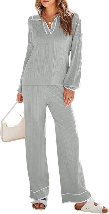 Tankaneo Womens Lounge Sets Long Lantern Sleeve Knit Sweaters and Wide Leg Pants 2 Piece Outfits | Amazon (US)