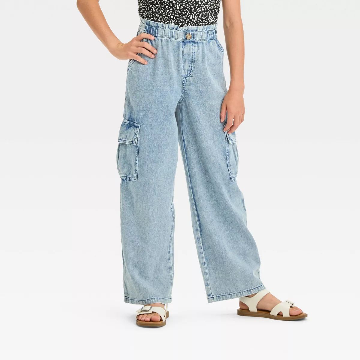 Girls' Paper Bag Wide Leg Chambray Woven Pants - Cat & Jack™ Light Wash Denim XL | Target