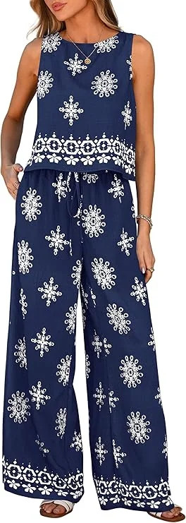 PRETTYGARDEN Women's Summer 2 Piece Lounge Sets Boho Floral Tank Tops Flowy Wide Peg Pants Travel... | Walmart (US)