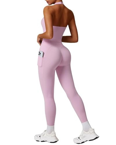 RXRXCOCO Open Back Workout Sets for Women 2 Piece Halter Tank Tops Hidden Scrunch Leggings Matching Set with Pockets Light Pink Small | Amazon (US)