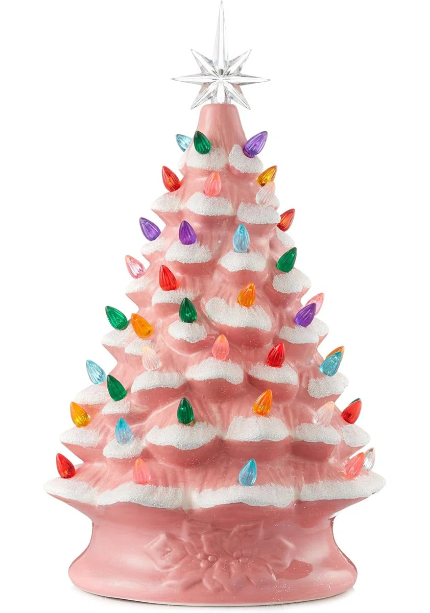 Hand Painted Ceramic Christmas Tree, Pink Snow Flocked 15-Inch Pre-Lit Tree With 128 Multi Color ... | Wayfair North America