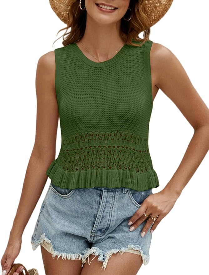 VIMPUNEC Womens Summer Crop Tank Tops Cute Knit Sweater Vest Crochet Sleeveless Pullover Top | Amazon (US)