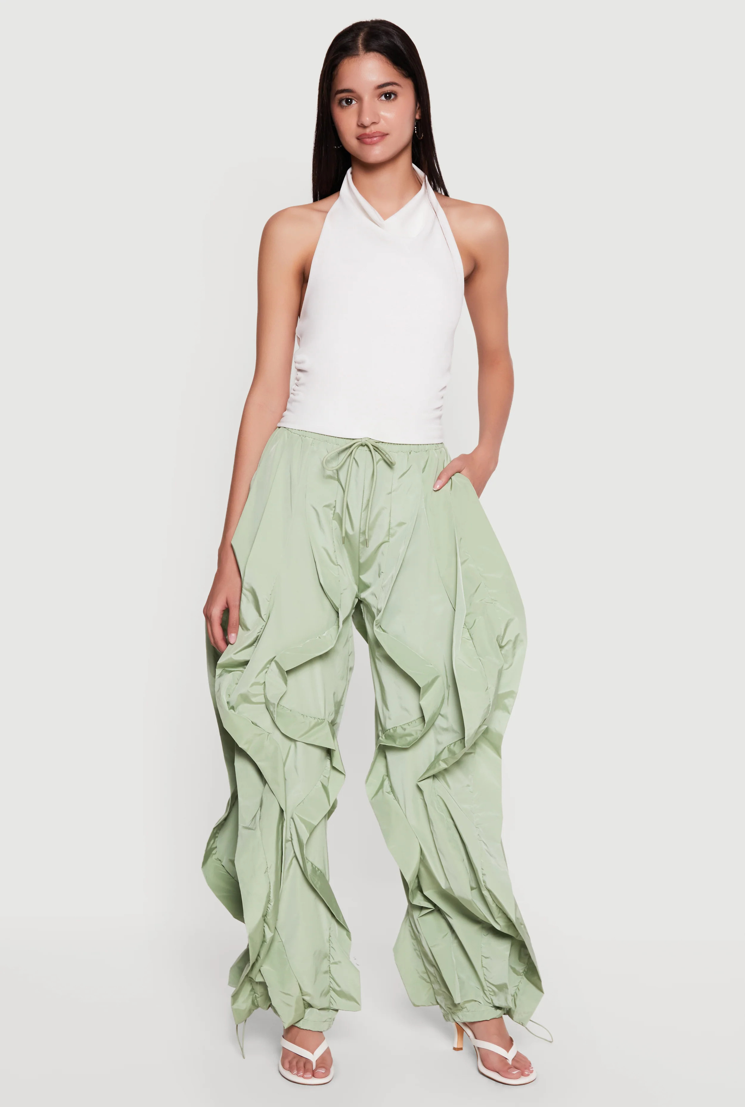 Drawstring Waist Ruffle Parachute Pants | Rainbow Shops
