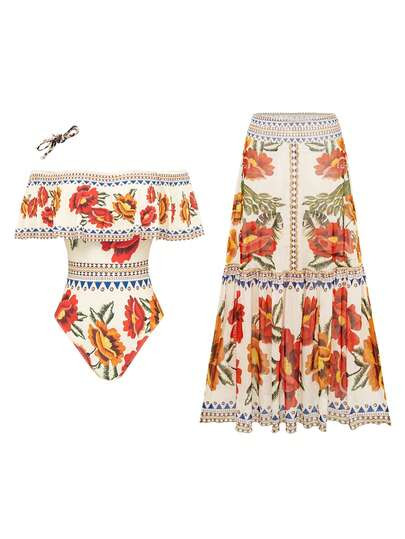 Swim Oasis Women's Elegant Vintage Off Shoulder Detachable Strap One Piece Swimsuit+ Printed Mesh... | SHEIN