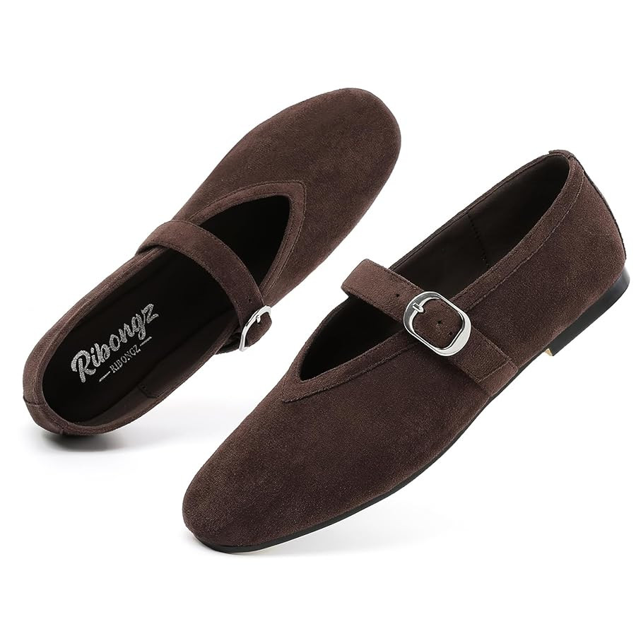 RIBONGZ Women's Flats Foldable Ballet Mary Jane Round Toe Dress Shoes with Ankle Strap Buckle Com... | Amazon (US)