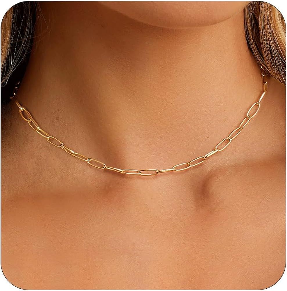 Gold Chain for Women, 14/16/18/20 inch 14K Gold Plated Paperclip Chain Necklace Dainty Simple Gol... | Amazon (US)