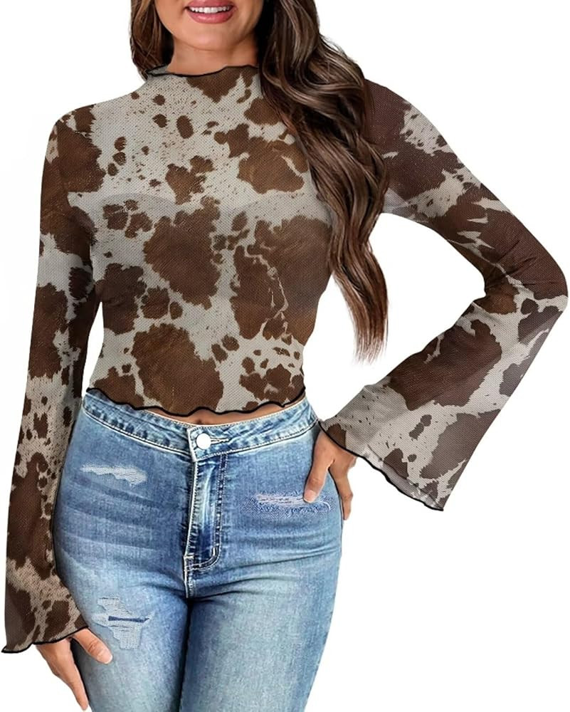 Biyejit Women's Bell Long Sleeve Crop Blouse Sheer Mesh Mock Neck Shirt Crop Tops Bodysuit Tops S... | Amazon (US)