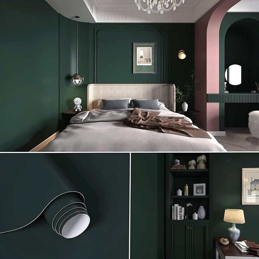 Solid Dark Green Wallpaper 23.6" x 393" Peel and Stick Wallpaper Vinyl Film Stick Paper Pure Cont... | Amazon (US)