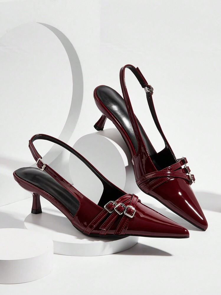 Fall/Winter Sexy And Elegant Pointed Toe Patent Leather Stiletto High Heels With Metal Buckle Strap, Wine Red, For Wedding And Party,Elegant,Kitten Heels | SHEIN