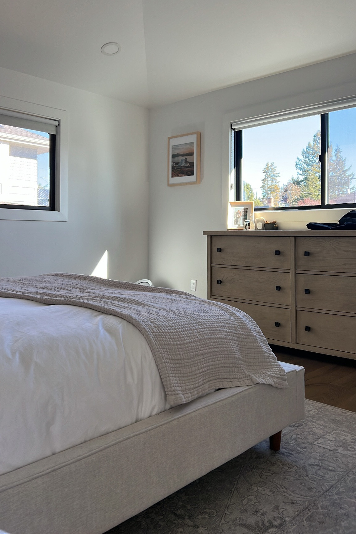 Bedroom details. Bed frame is Dean sands from Living Spaces (buy slats if you don’t want a box spring), the blackout blinds were installed before we moved in 