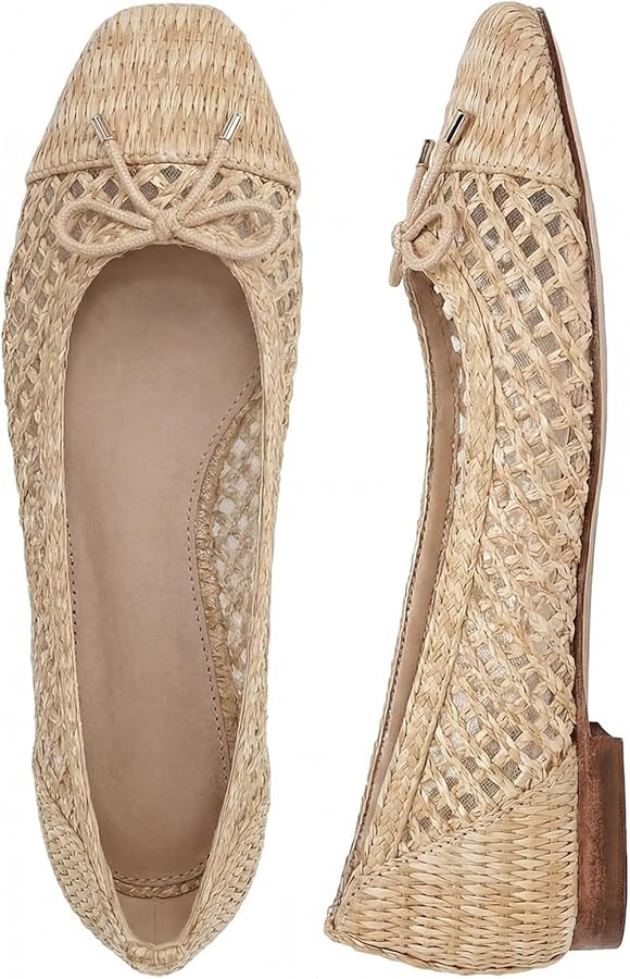 Ballet Flats Shoes for Women Raffia Square Toe Flats Dress Shoes with Bow Comfortable Slip on Wov... | Amazon (US)