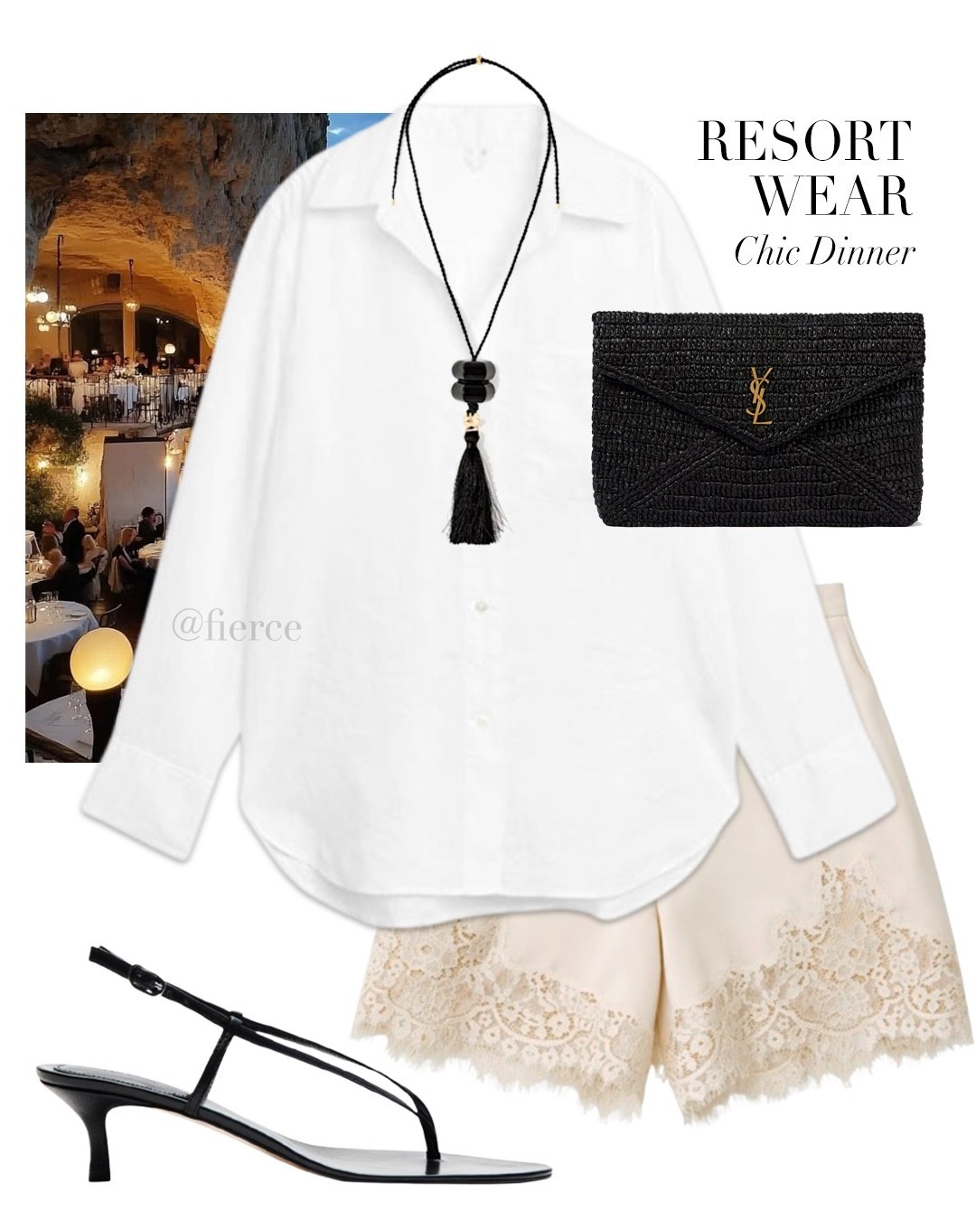 Satin lace shorts liben shirt YSL black raffia clutch bag cord tassel necklace resort wear evening dinner holiday look beach

#LTKuk #LTKsummer #LTKtravel